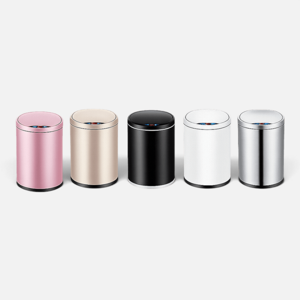 Mon Serre Livre automatic sensor trash cans in five colors including pink, beige, black, white, and stainless steel.