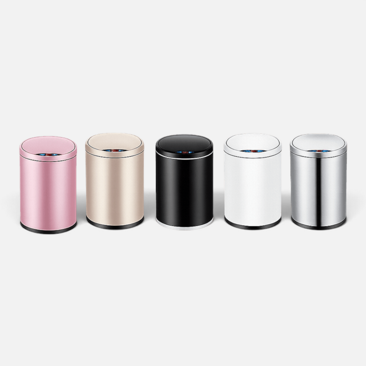 Mon Serre Livre automatic sensor trash cans in five colors including pink, beige, black, white, and stainless steel.